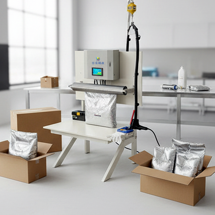 Foam in place packaging system front view, silver industrial design, control panel display, modern mechanical structure